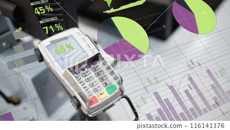 Image of financial data processing over payment terminal 116141376