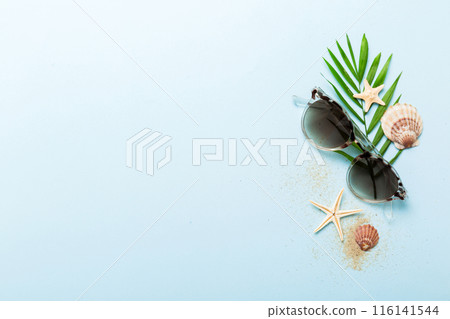 sunglasses with seashell lying on table background. Sunglasses on summer background. Top view flat lay with copy space for text sunglasses with seashell lying on table background. Sunglasses on summer background. Top view flat lay with copy space for text 116141544