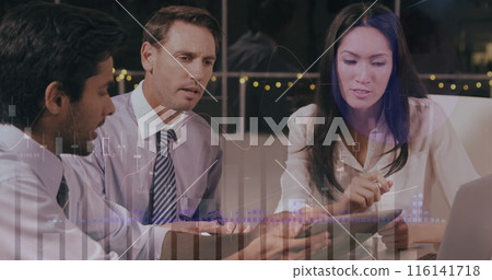 Caucasian male chef/waiter and Asian colleagues discussing over tablet 116141718