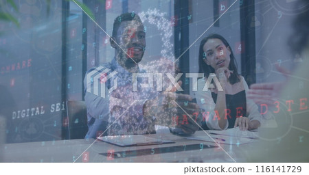 Diverse team debates business plan amid digital graphics 116141729