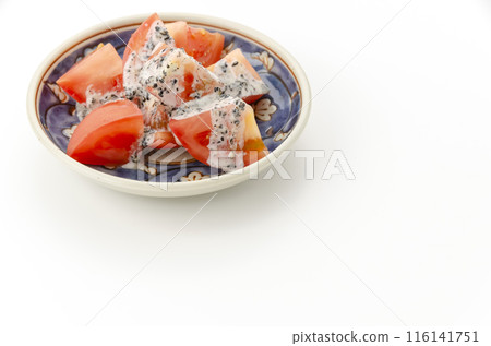 Tomato salad with black sesame mayonnaise Tomato salad with black sesame mayonnaise 116141751