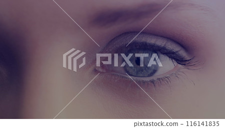 A close-up shows young Caucasian female with blue eyes and makeup 116141835