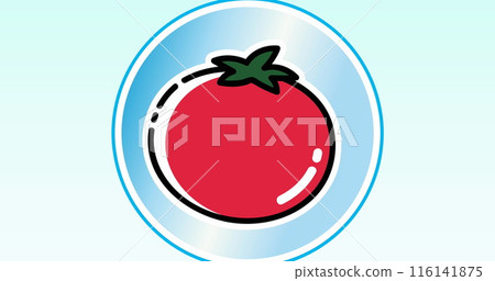 A bright red tomato with green stem sits centered against a blue background A bright red tomato with green stem sits centered against a blue background 116141875