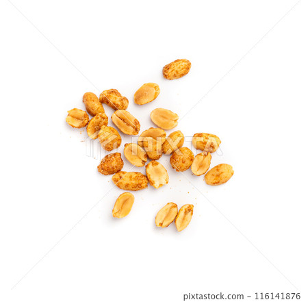 Spicy peanuts isolated, heeng jeera pea nuts mixture, Indian namkeen, roasted salty nut snack Spicy peanuts isolated, heeng jeera pea nuts mixture, Indian namkeen, roasted salty nut snack 116141876