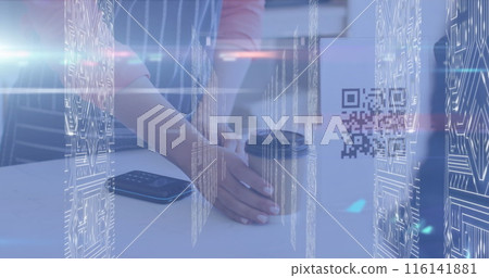 A biracial woman is holding coffee cup near a smartphone displaying a QR code A biracial woman is holding coffee cup near a smartphone displaying a QR code 116141881