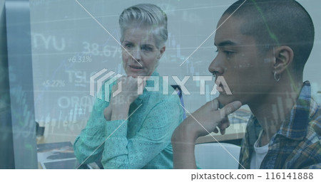 Caucasian mother and biracial son looking at computer screen Caucasian mother and biracial son looking at computer screen 116141888