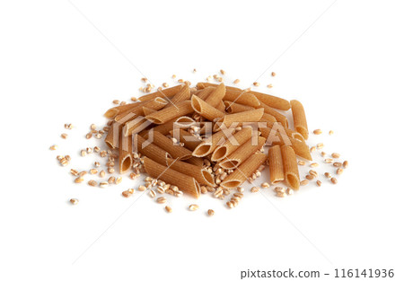 Raw Brown Pasta, Wholegrain Penne, Dry Whole Grain Noodle, Raw Spelt Macaroni, Healthy Italy Food 116141936