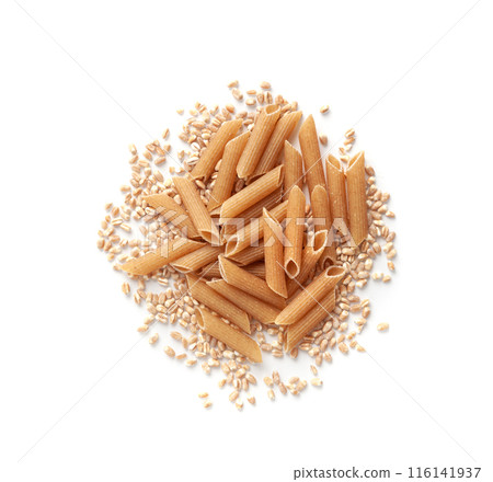 Raw Brown Pasta, Wholegrain Penne, Dry Whole Grain Noodle, Raw Spelt Macaroni, Healthy Italy Food Raw Brown Pasta, Wholegrain Penne, Dry Whole Grain Noodle, Raw Spelt Macaroni, Healthy Italy Food 116141937