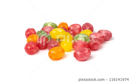 Hard Candy Isolated, Sour Hard Candies, Fruit Sugar Bonbon Pile, Colorful Lozenge, Color Candy Group 116141974