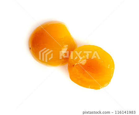 Canned Peaches, Apricot Halves in Syrup, Yellow Fruit Dessert, Tinned Nectarine Compote 116141983