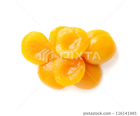 Canned Peaches, Apricot Halves in Syrup, Yellow Fruit Dessert, Tinned Nectarine Compote 116141985