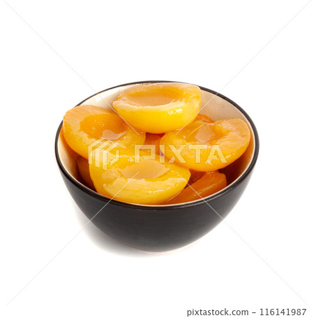 Canned Peaches, Apricot Halves in Syrup, Yellow Fruit Dessert, Tinned Nectarine Compote 116141987
