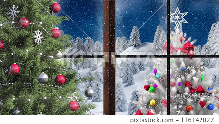 Snow falling gently on decorated Christmas trees against wintry forest backdrop Snow falling gently on decorated Christmas trees against wintry forest backdrop 116142027