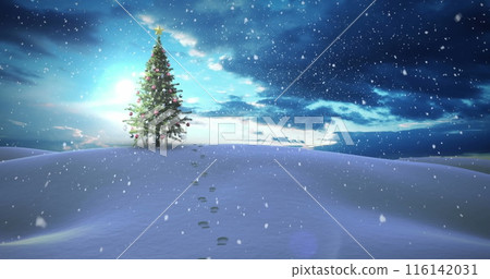 Footprints lead to decorated Christmas tree on a snowy hill under a starry sky 116142031