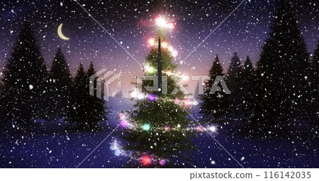 Christmas tree with decorations towers among snowy pines under a star-filled sky 116142035