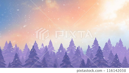 Snow gently falling over forest of purple trees under a colorful sky Snow gently falling over forest of purple trees under a colorful sky 116142038