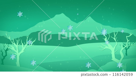Snowflakes gently falling over serene winter landscape 116142059