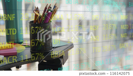 School supplies rest in holder, reflecting stock market numbers 116142075