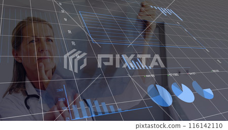 Caucasian female doctor analyzing digital data on screen 116142110