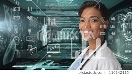 Biracial female chef/food enthusiast standing, smiling at futuristic interface Biracial female chef/food enthusiast standing, smiling at futuristic interface 116142115