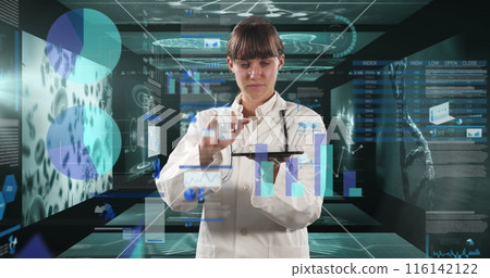 Caucasian assistant in white coat uses holographic displays 116142122