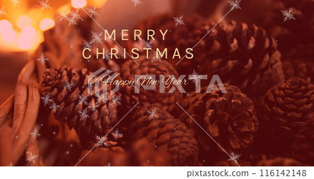 Pine cones resting on surface, surrounded by warm lights, convey holiday greetings 116142148