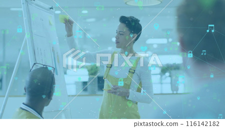 A diverse team discussing fashion graphics, with senior brand manager leading 116142182