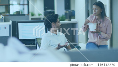 A biracial male team leader and biracial female team member are discussing work A biracial male team leader and biracial female team member are discussing work 116142270