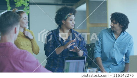 Diverse team discussing work, biracial woman leading 116142276