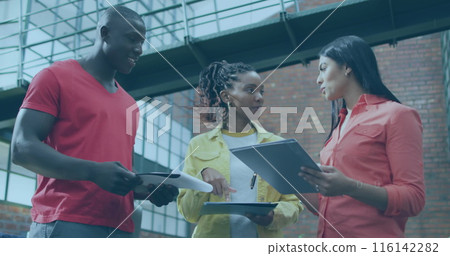 Diverse team with African American intern discusses work Diverse team with African American intern discusses work 116142282