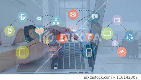 Caucasian woman typing on laptop, surrounded by digital icons Caucasian woman typing on laptop, surrounded by digital icons 116142302