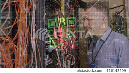 Image of data processing and qr code over caucasian man checking servers Image of data processing and qr code over caucasian man checking servers 116142399