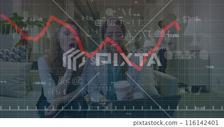 Image of data processing over diverse businesswomen talking Image of data processing over diverse businesswomen talking 116142401