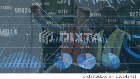 Image of data processing over diverse male workers talking 116142411