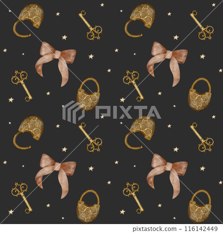 Watercolor pattern vintage castle, keys, bows, stars. Illustration on a dark background for textiles, fabrics, clothing, packaging, cards Watercolor pattern vintage castle, keys, bows, stars. Illustration on a dark background for textiles, fabrics, clothing, packaging, cards 116142449