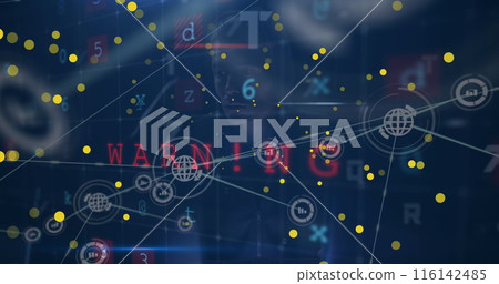 Image of yellow dots, connections with icons and virus scanning on navy background 116142485