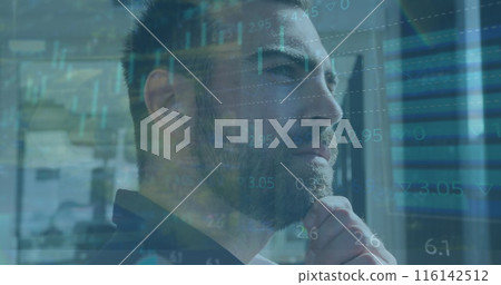 Image of data processing over businesswoman using phone headset 116142512