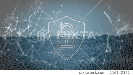 Image of security padlock and network of connections against binary coding over digital wave 116142531