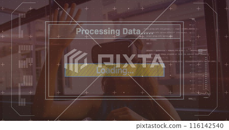Image of interface with data processing over caucasian woman wearing vr headset Image of interface with data processing over caucasian woman wearing vr headset 116142540