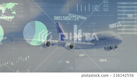 Image of charts, world map and data processing aeroplane flying in blue cloudy sky 116142556