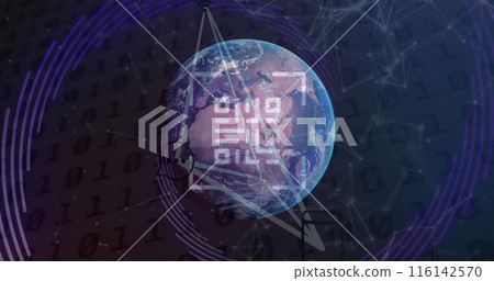 Image of network of connections with qr code and globe on white background 116142570