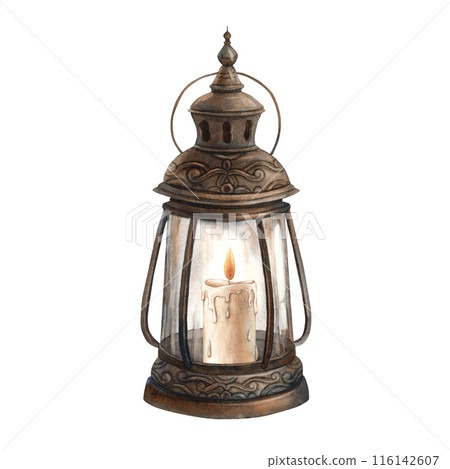 Vintage lantern, copper with rust. Watercolor illustration hand drawn in Gothic style on an isolated background. Suitable for Halloween design, vintage holidays, wedding, cards, posters, packaging Vintage lantern, copper with rust. Watercolor illustration hand drawn in Gothic style on an isolated background. Suitable for Halloween design, vintage holidays, wedding, cards, posters, packaging 116142607