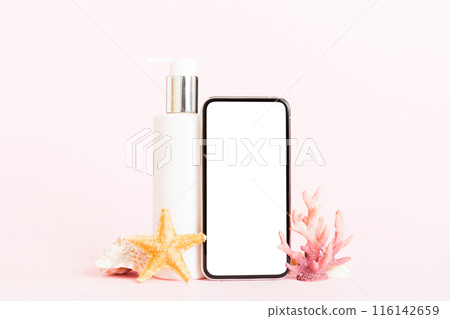 Smartphone mock up template with summer objects. Perspective view with copy space for text 116142659