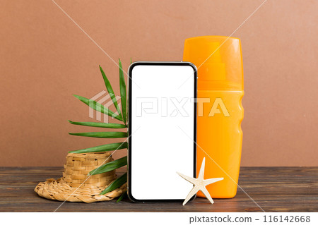 Smartphone mock up template with summer objects. Perspective view with copy space for text Smartphone mock up template with summer objects. Perspective view with copy space for text 116142668