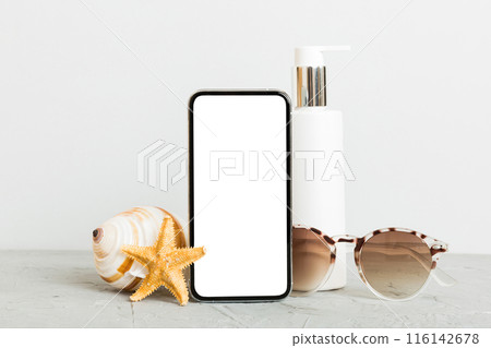 Smartphone mock up template with summer objects. Perspective view with copy space for text 116142678