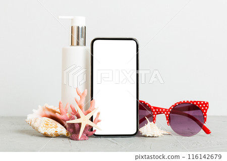 Smartphone mock up template with summer objects. Perspective view with copy space for text 116142679