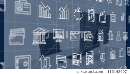 Image of business icons over office 116142697