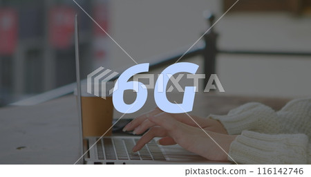 Image of 6g text over hands using laptop Image of 6g text over hands using laptop 116142746