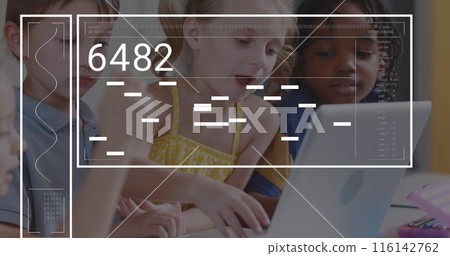Image of data processing over diverse schoolchildren using laptop 116142762