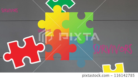 Image of survivors text over puzzle and head Image of survivors text over puzzle and head 116142785